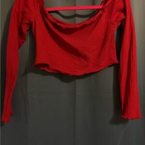 Red Ribbed Off-the-Shoulder Long Sleeve Top